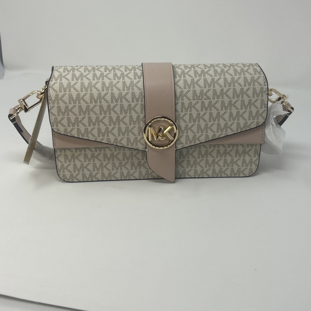 MICHAEL KORS GREENWICH MEDIUM FLAP SATCHEL SHOULDER BAG PURSE SOFT PINK VANILLA